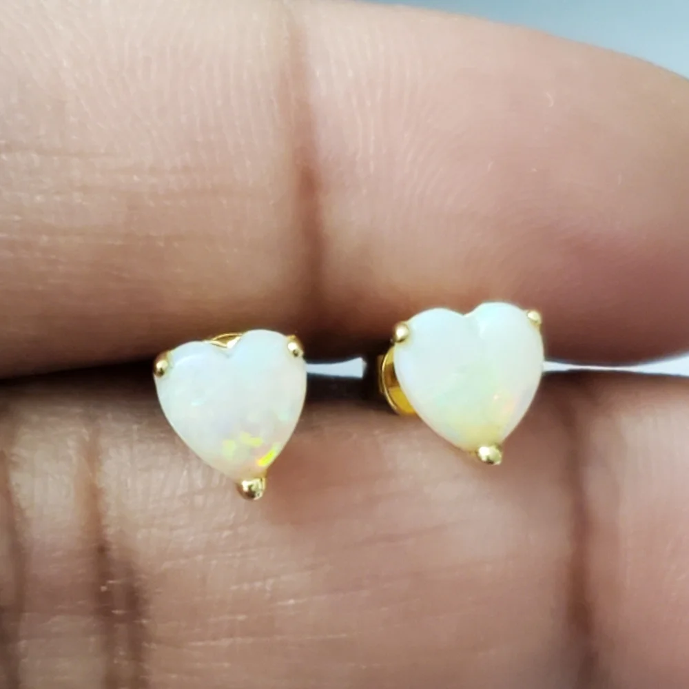 18K Gold Opal Heart Earrings - Picture 5 of 7